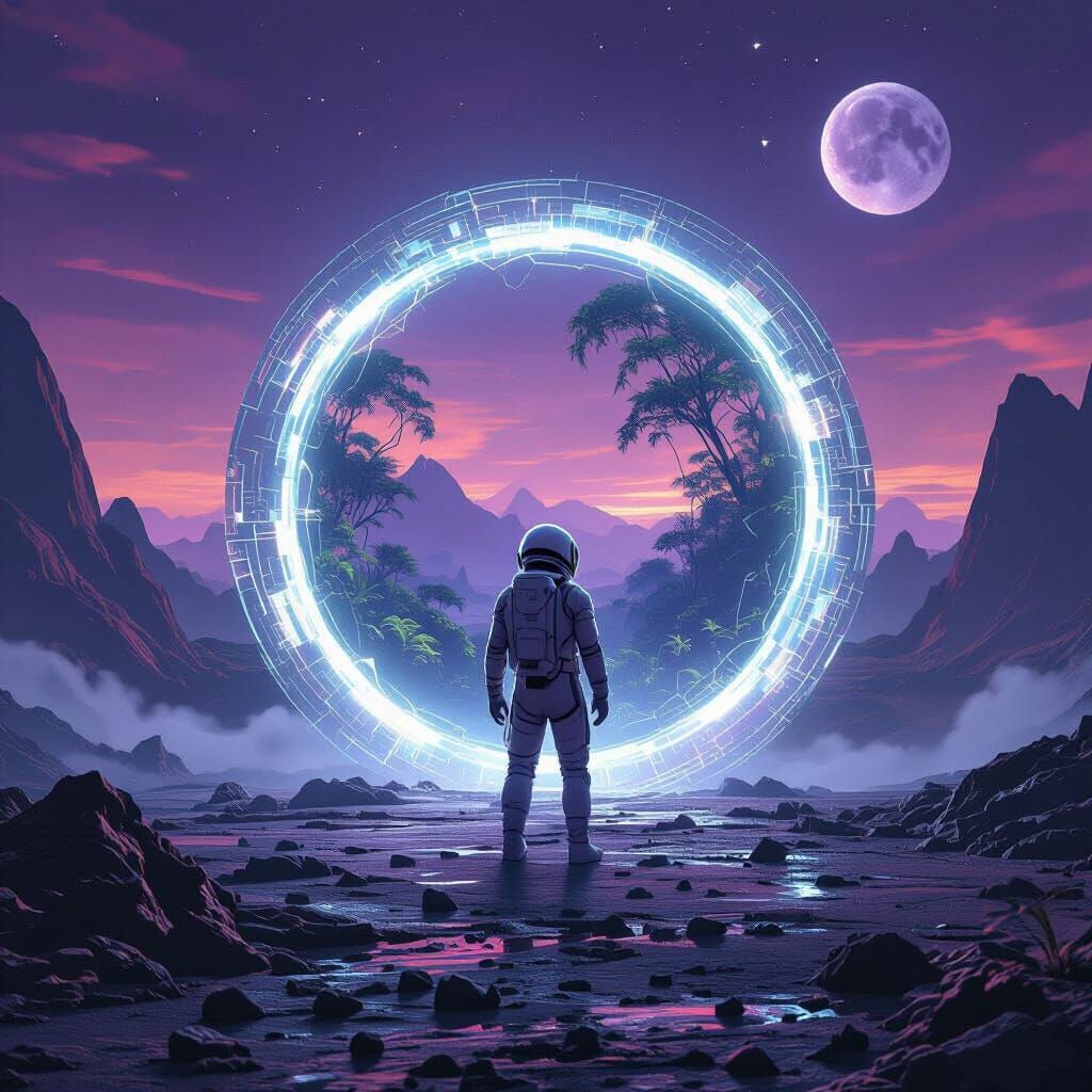 A lone astronaut stands at the edge of a shimmering, crystal...