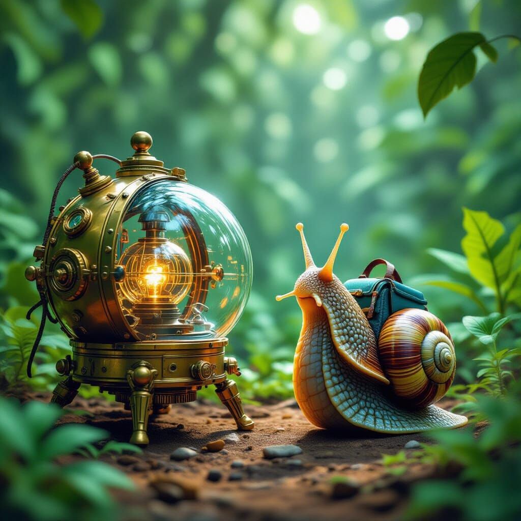 Happy Snail Explores Alien Time Machine in Lush Landscape