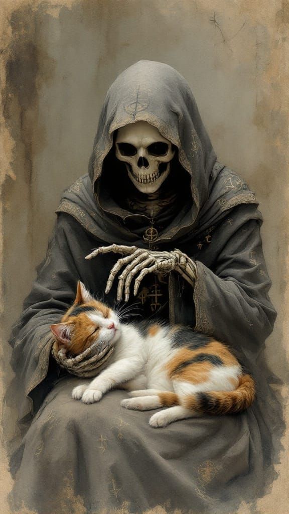 Skeleton and Cat in Dreamlike Ghibli Style