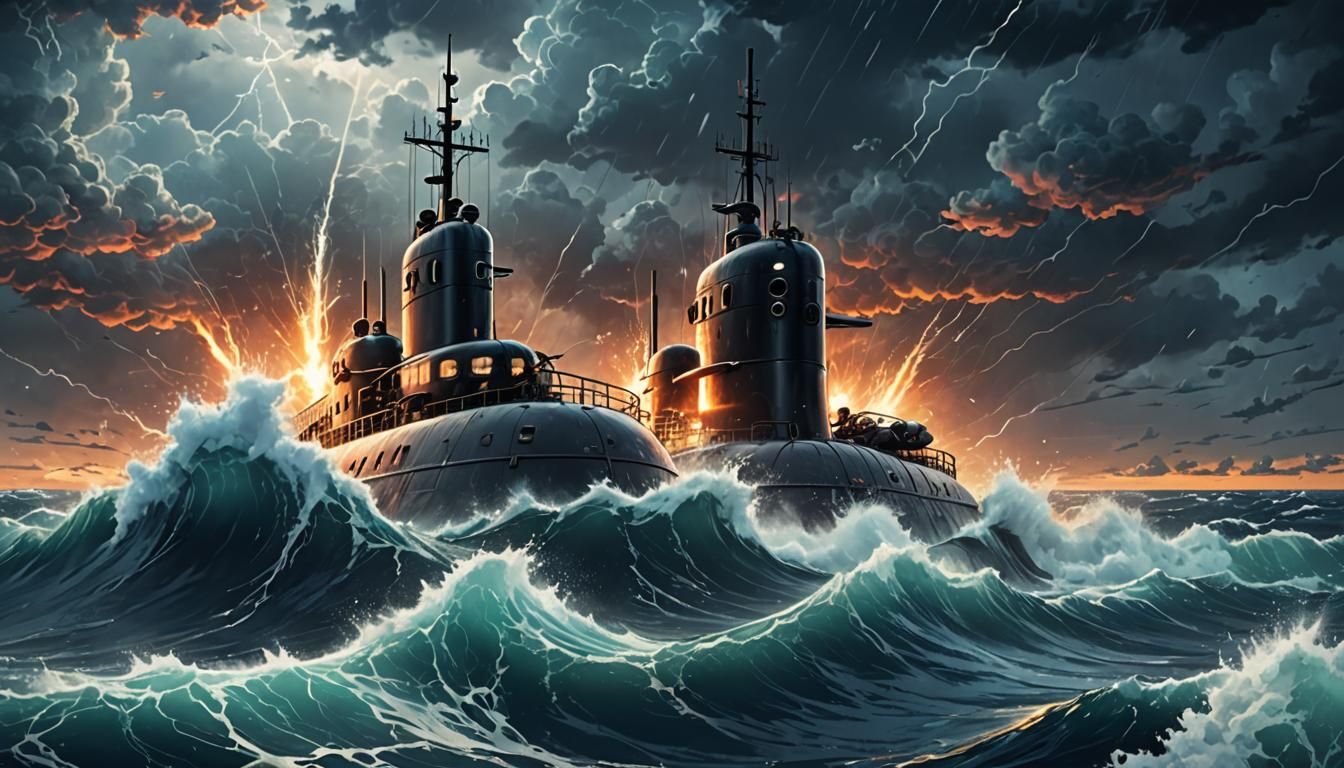 Submarine in Raging Ocean, Cinematic Anime Style