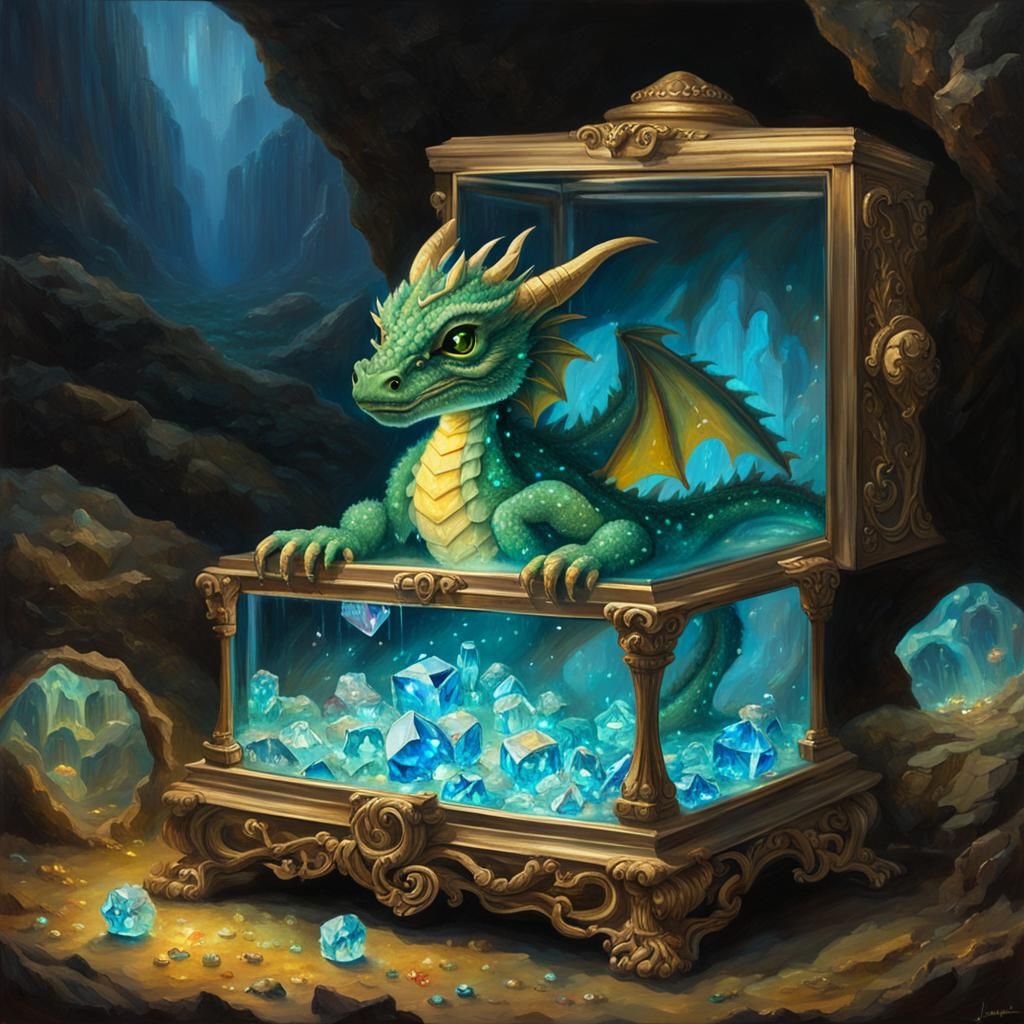 Miniature Dragon in Crystal Cave, Oil Painting