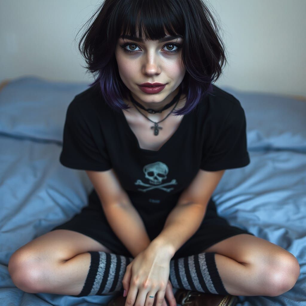 Gothic Teenage Woman with Dark Makeup and Hair
