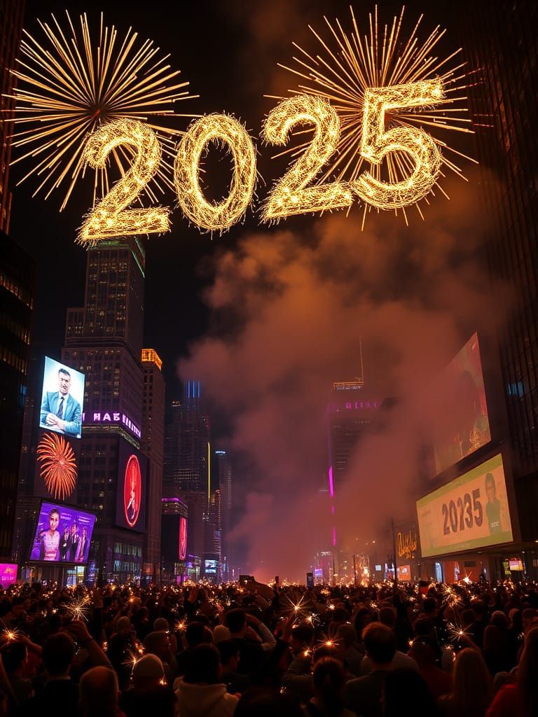 Golden fireworks burst against the dark urban sky, spelling out '2025' above a sea of celebrating people. Sparklers twin...
