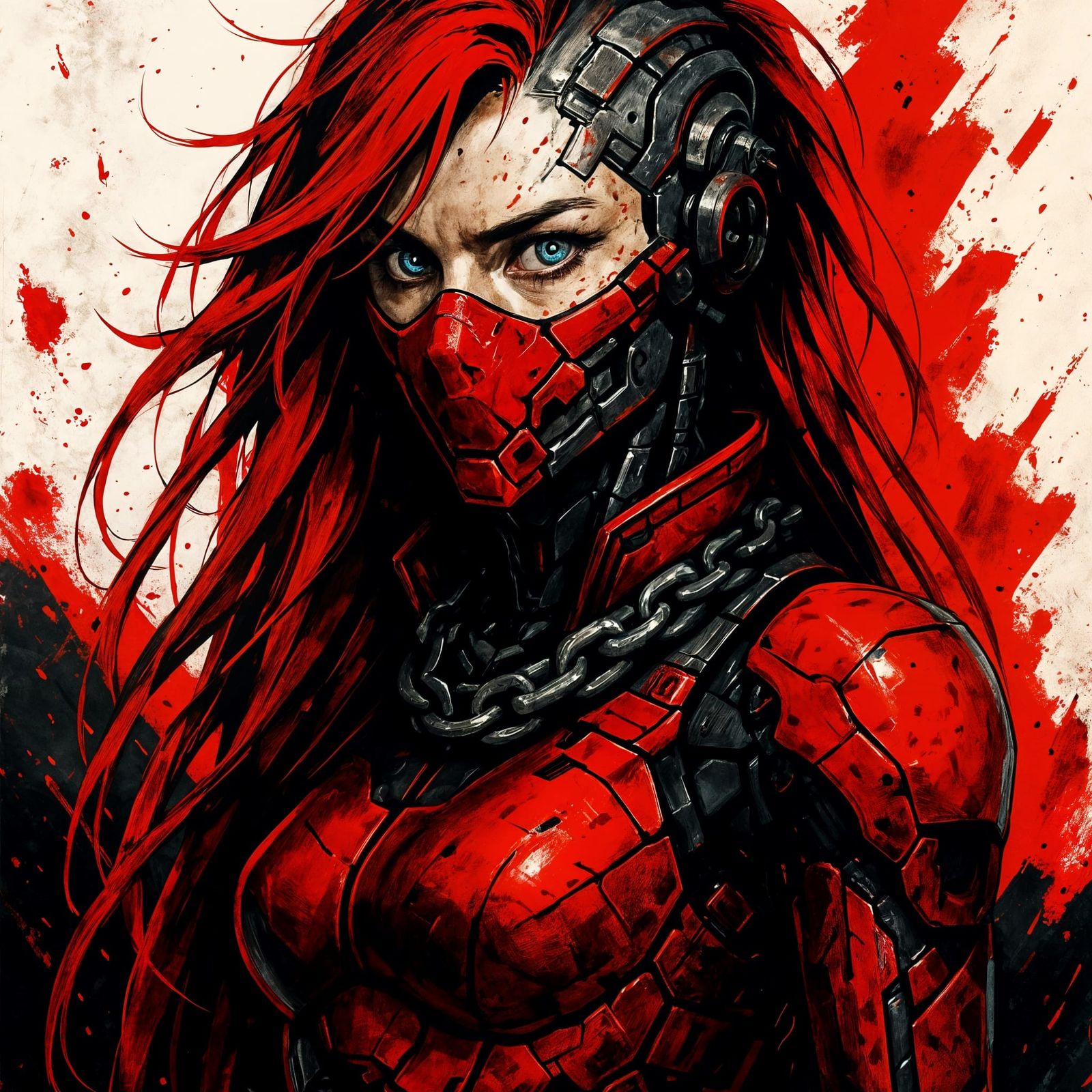 Cyberpunk Warrior Woman with Red Hair and Mask