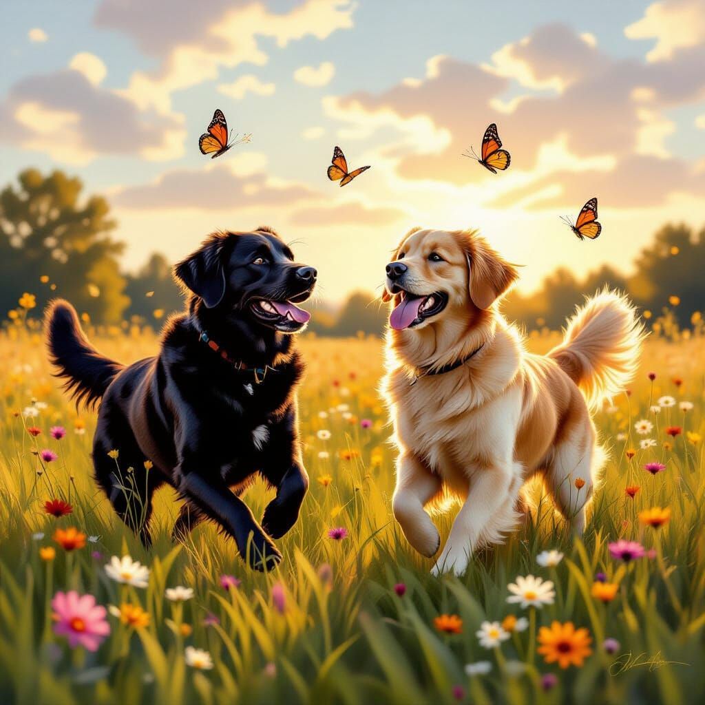 Labradors Chase Butterflies in Sunlit Meadow