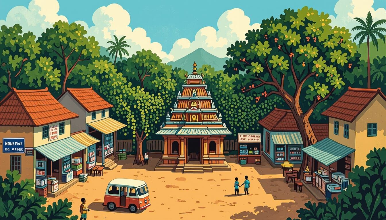Kerala Temple Scene in Mid-Century Modern Style