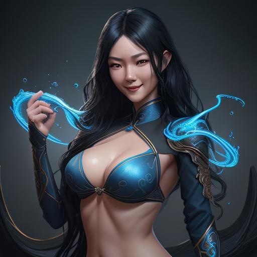 Slender Asian Woman in Bikini: Detailed Digital Painting
