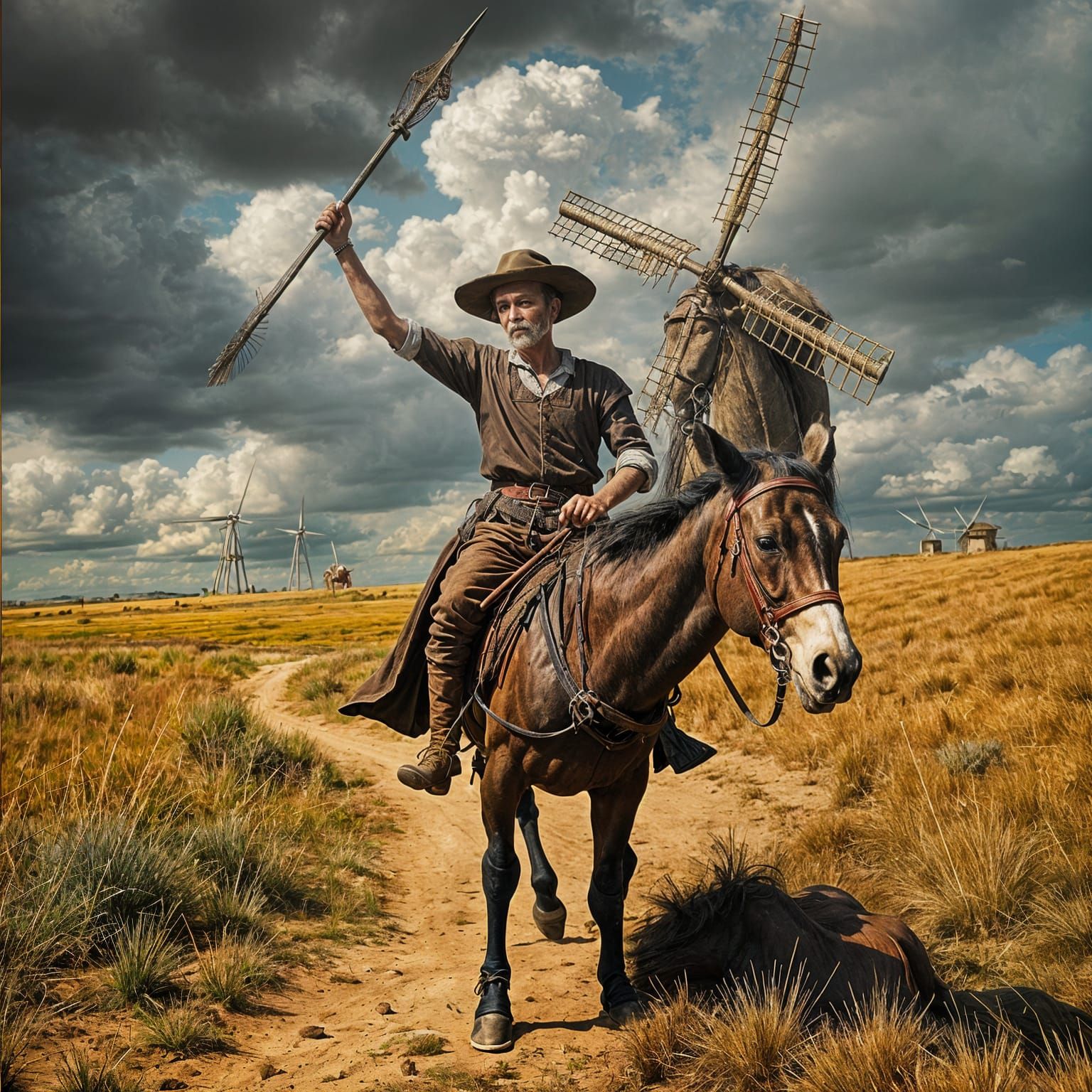 Don Quixote Charges Windmill in Hyperrealistic Photo