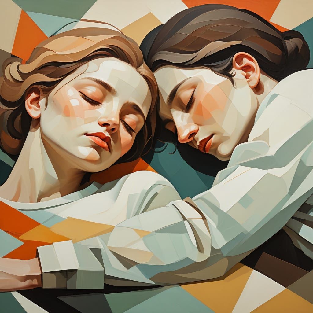Constructivist Oil Painting of Two Sleeping People