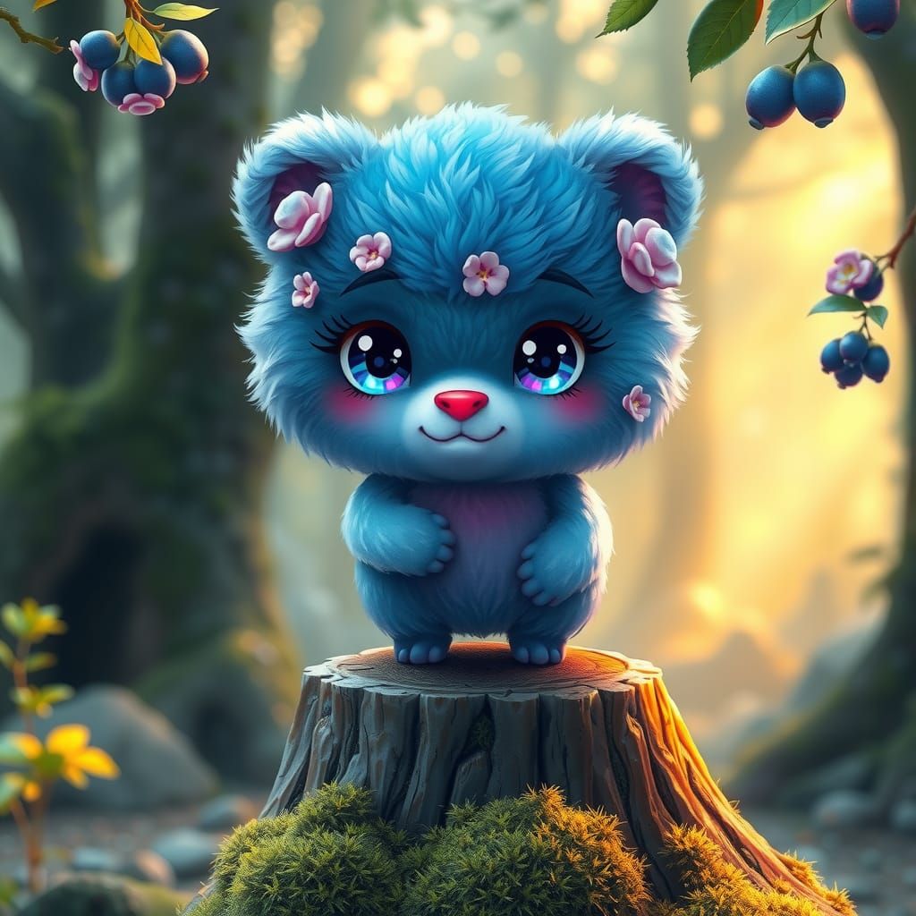 Chibi Blueberry-Bear in Enchanted Forest, Digital Art