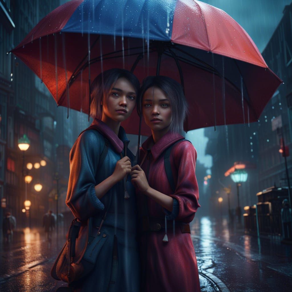 Girls Under Umbrella: Detailed Fantasy Art