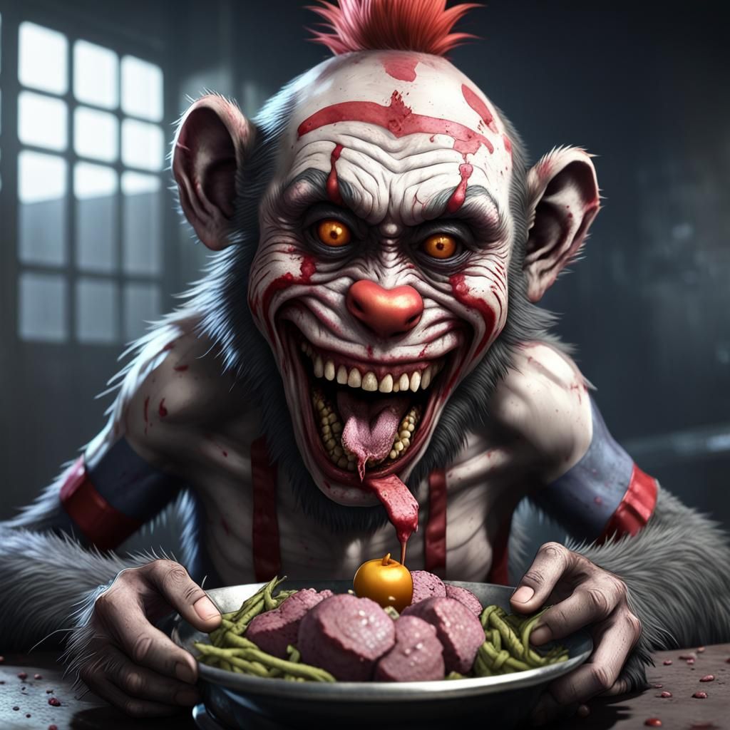 Grotesque Zombie Clown Monkey Feast in Anime Style
