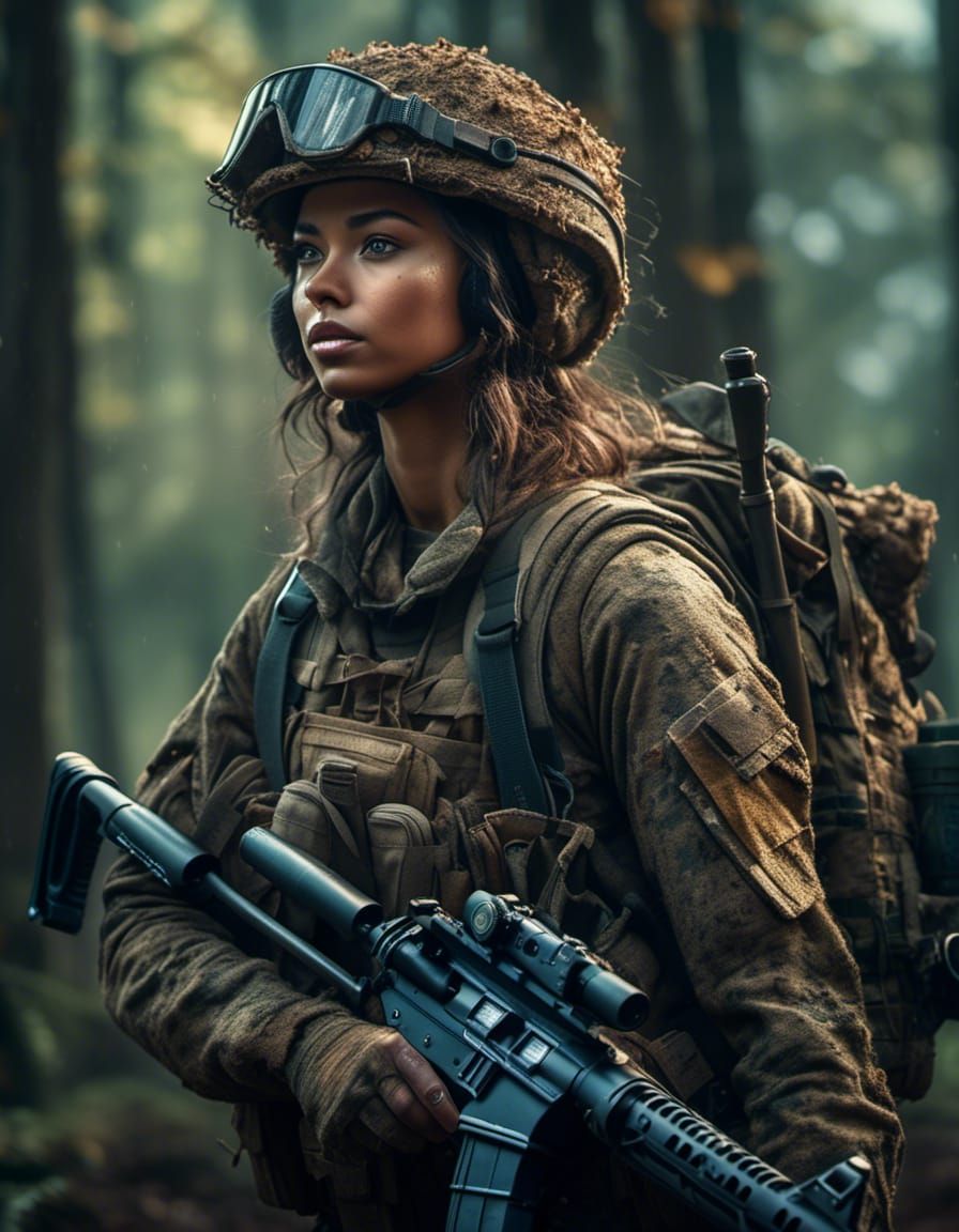 Latin Woman Soldier in Woods: Digital Matte Painting