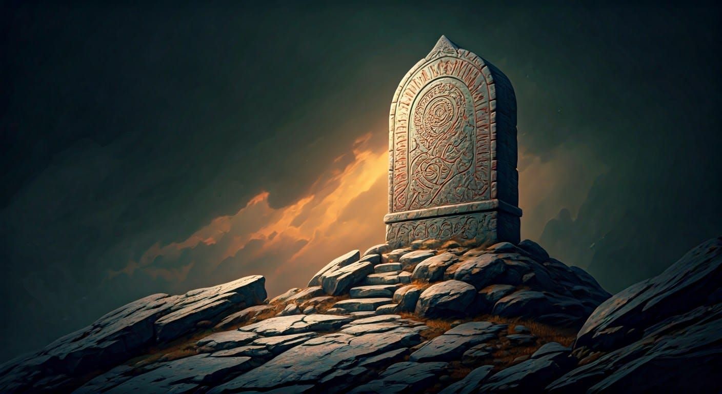 Ancient, Silvery Grey Runestone Monument in Dramatic, High-C...