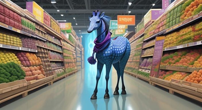Vibrant Giraffe in Whimsical Supermarket Scene