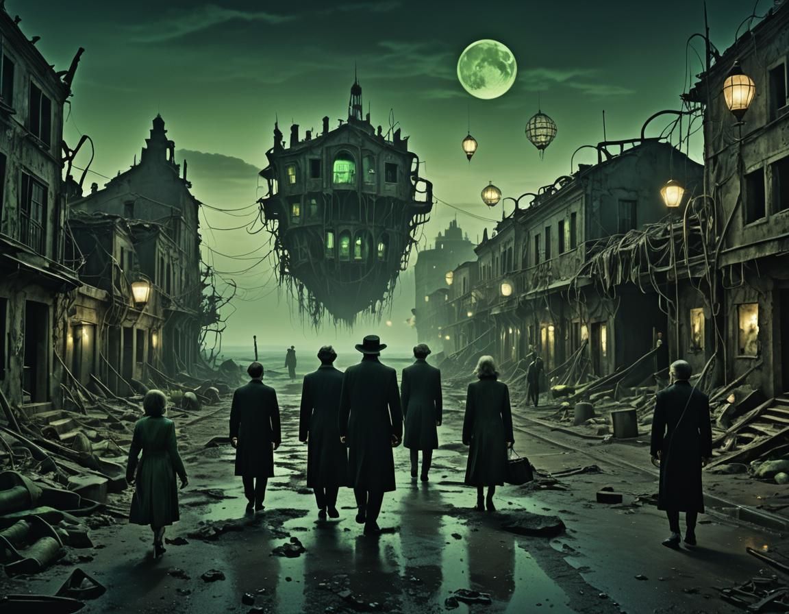 Eerie Underwater Cityscape in Dystopian Surrealism