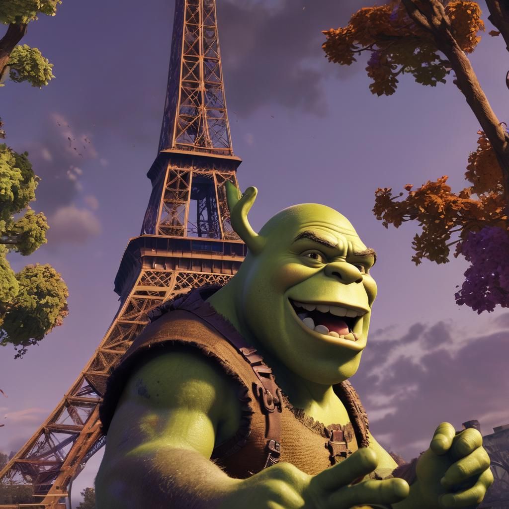 Shrek Destroys Eiffel Tower: Hyperrealistic Concept Art
