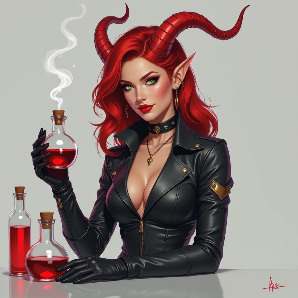 Tiefling Alchemist Concocting Mixtures in Dark Fantasy Style