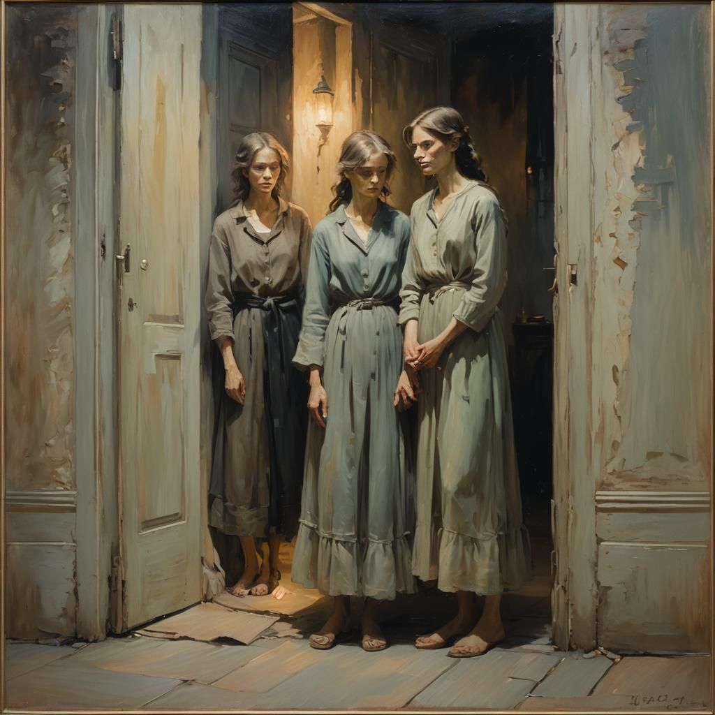 Ethereal Figures in Oil Painting with Candlelight