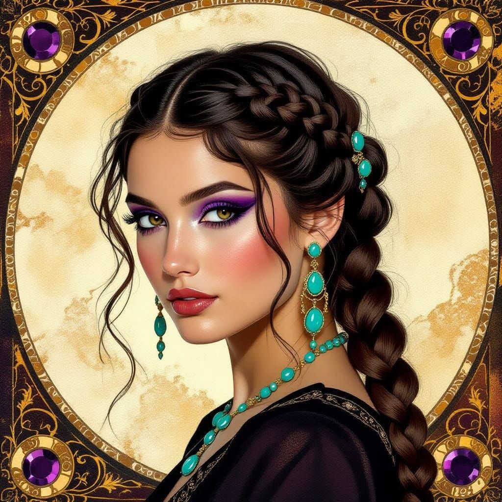 Woman in Golden Light with Turquoise and Purple Adornments