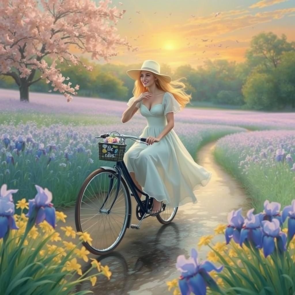 Woman Rides Bike Through Iris Field in Hyperreal Style