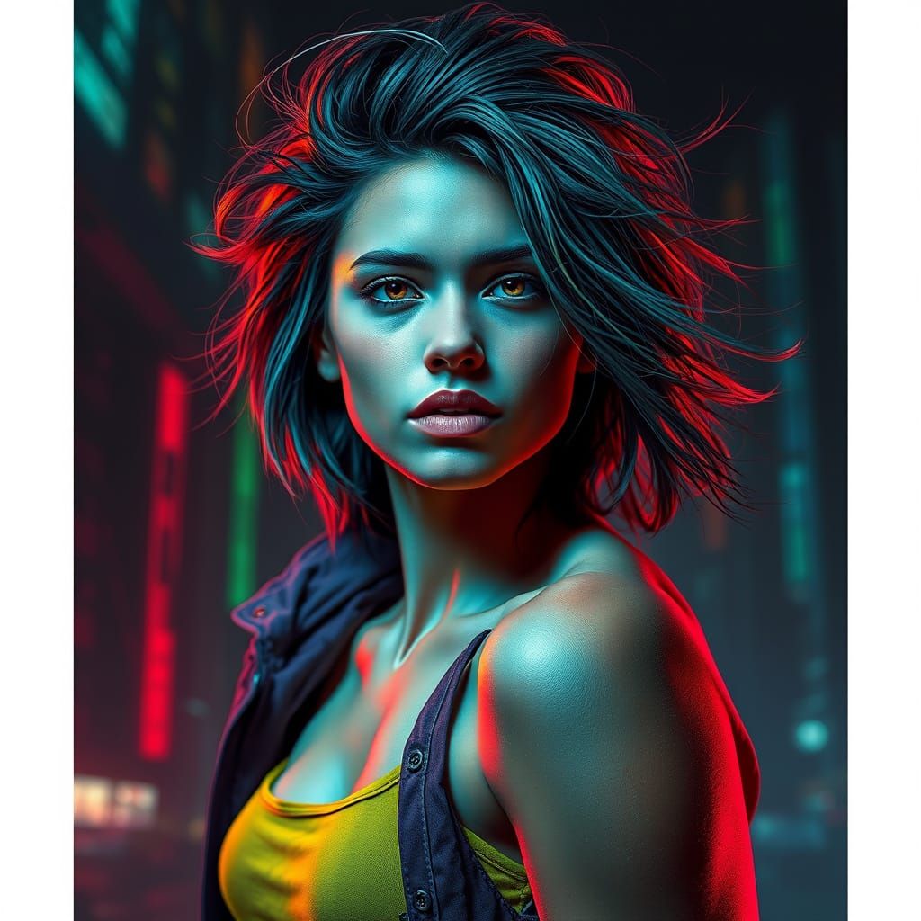 Dynamic Portrait of Woman in Futuristic Sci-Fi Style