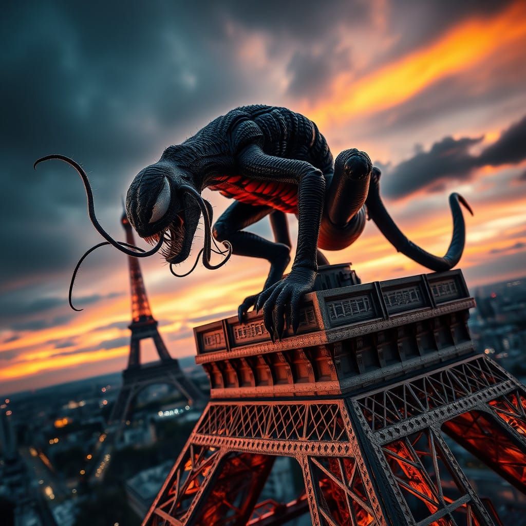 Venom Ascends the Eiffel Tower in Parisian Splendor
