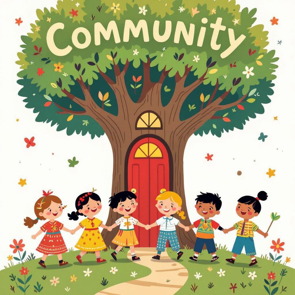 Joyful Children Unite Around Whimsical Tree Illustration