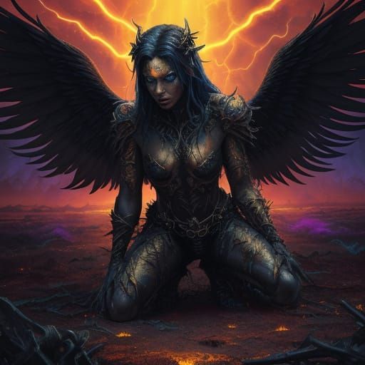 Fallen Angel Kneeling in Desolate Wasteland