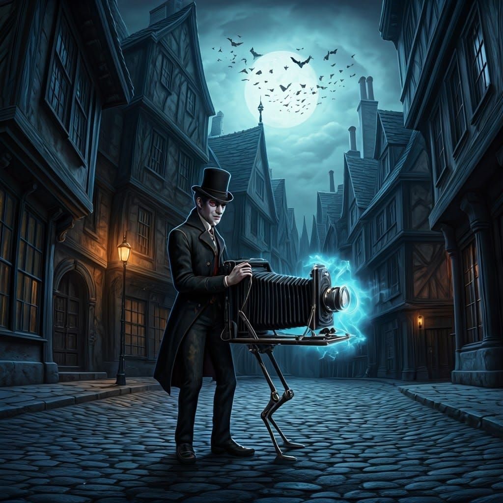 Vampiric Photographer in Ankh-Morpork's Gothic Streets
