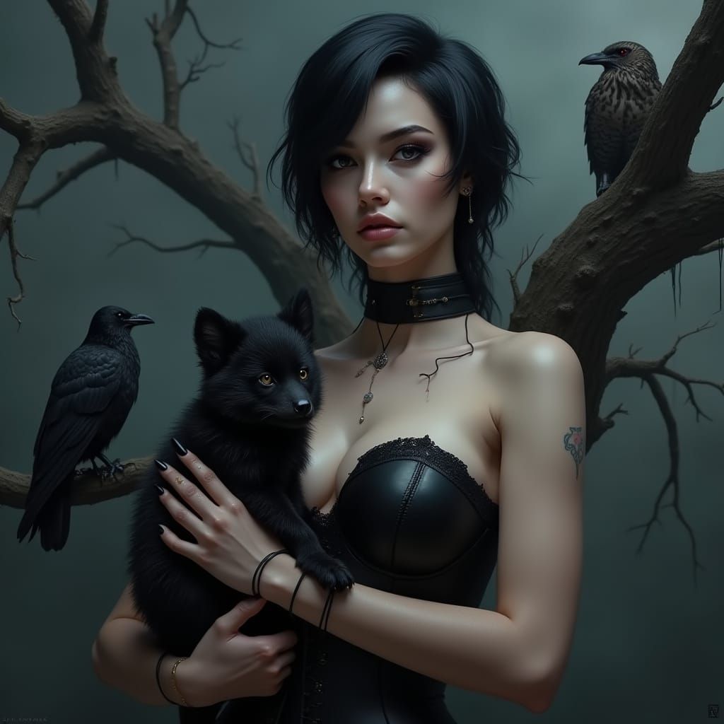 Dark Fantasy Warrior Woman in Black Corset with Tiny Fox Pup
