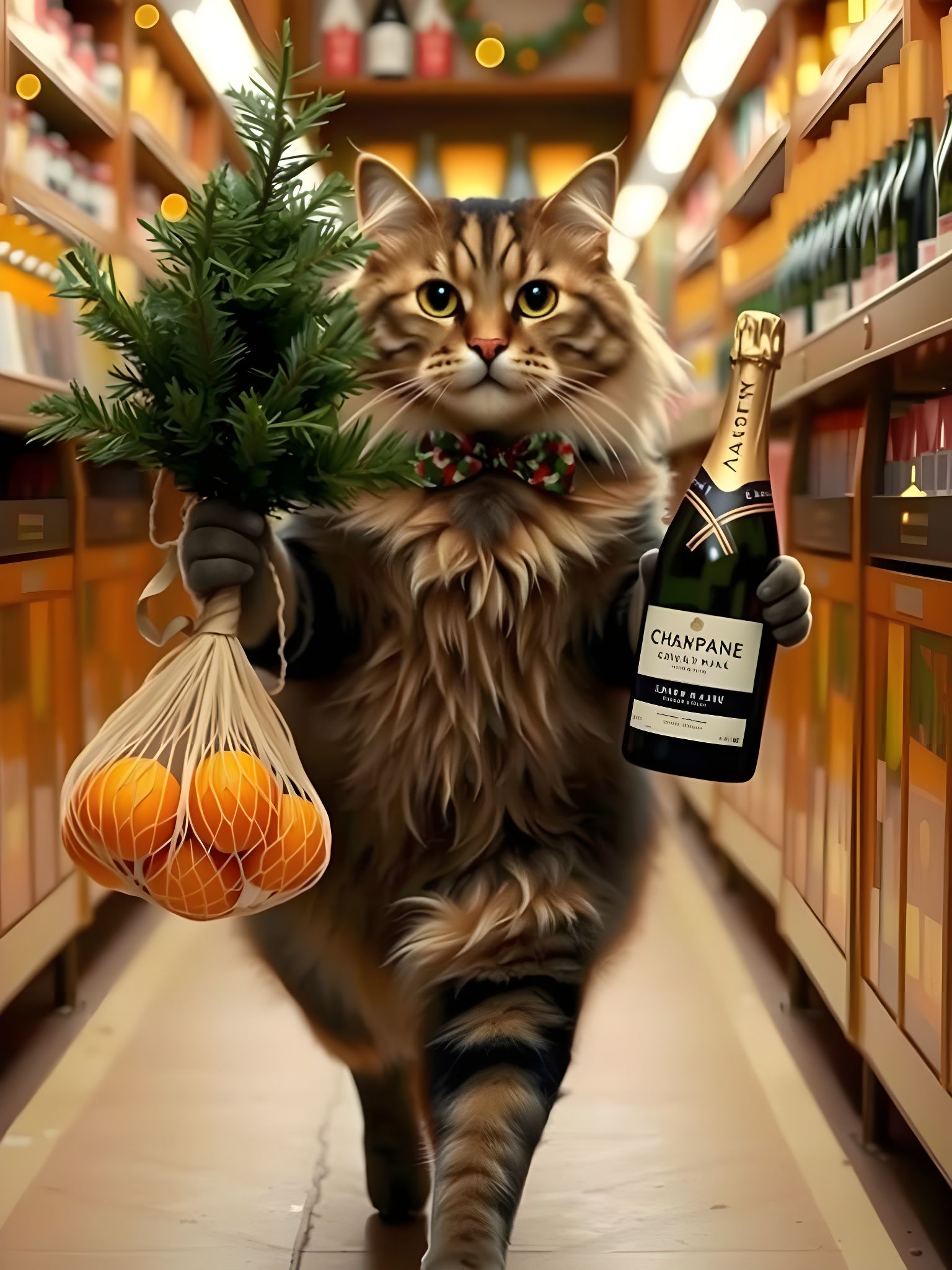 Ginger Cat Runs with Christmas Tree and Tangerines