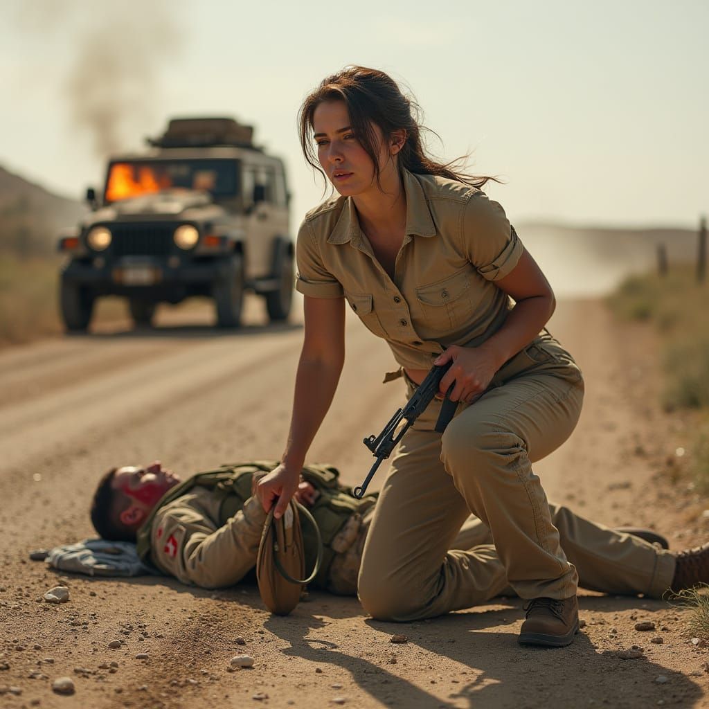 Hyper Realistic Photo of Woman in Badlands with Injured Sold...
