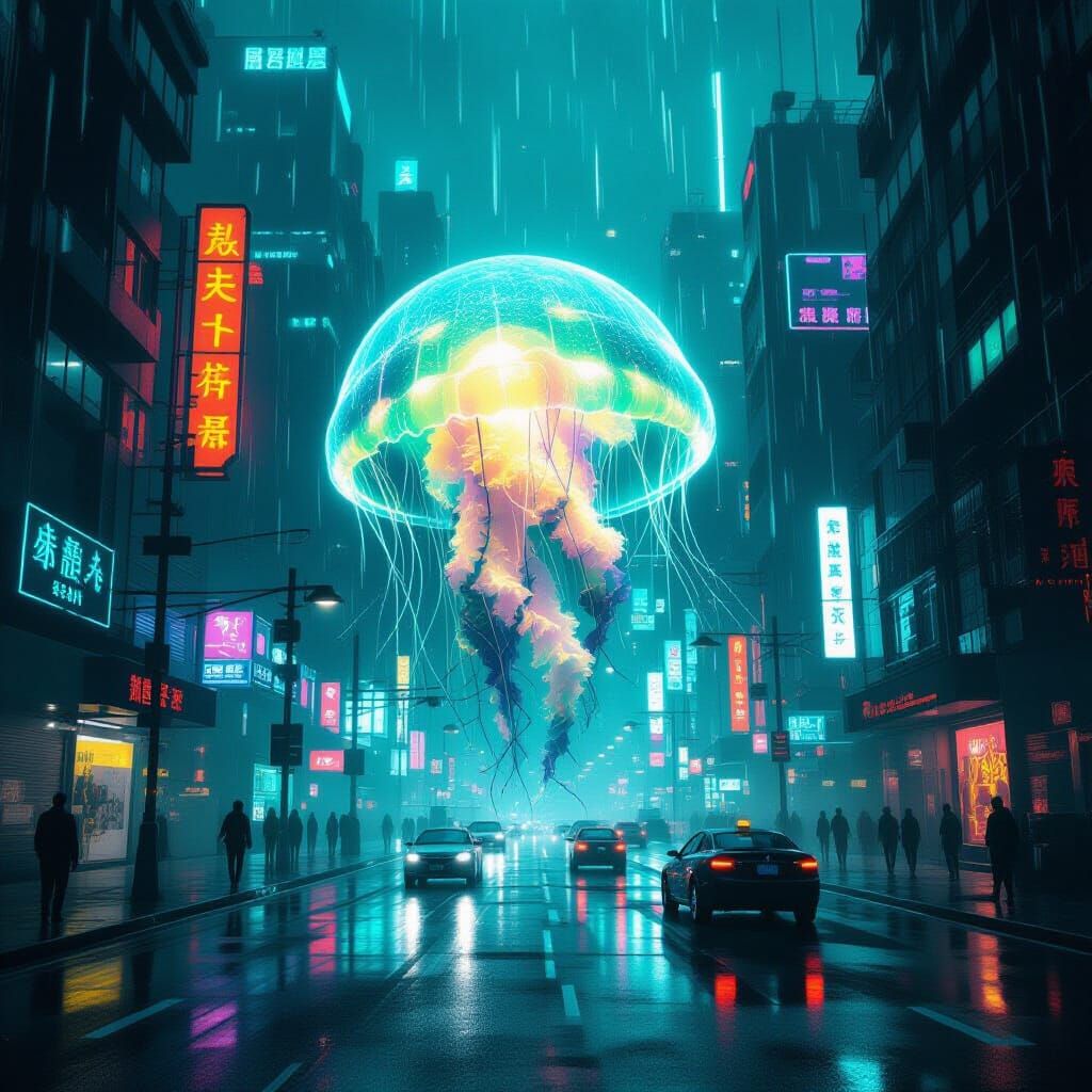 Bioluminescent Jellyfish in a Neon Cyberpunk Cityscape