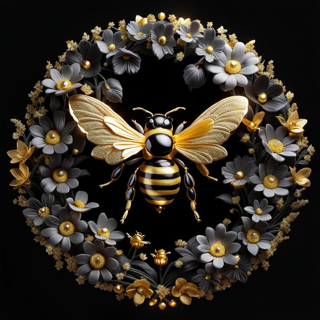 3D Glowing Bee in Black and White Flowerscape