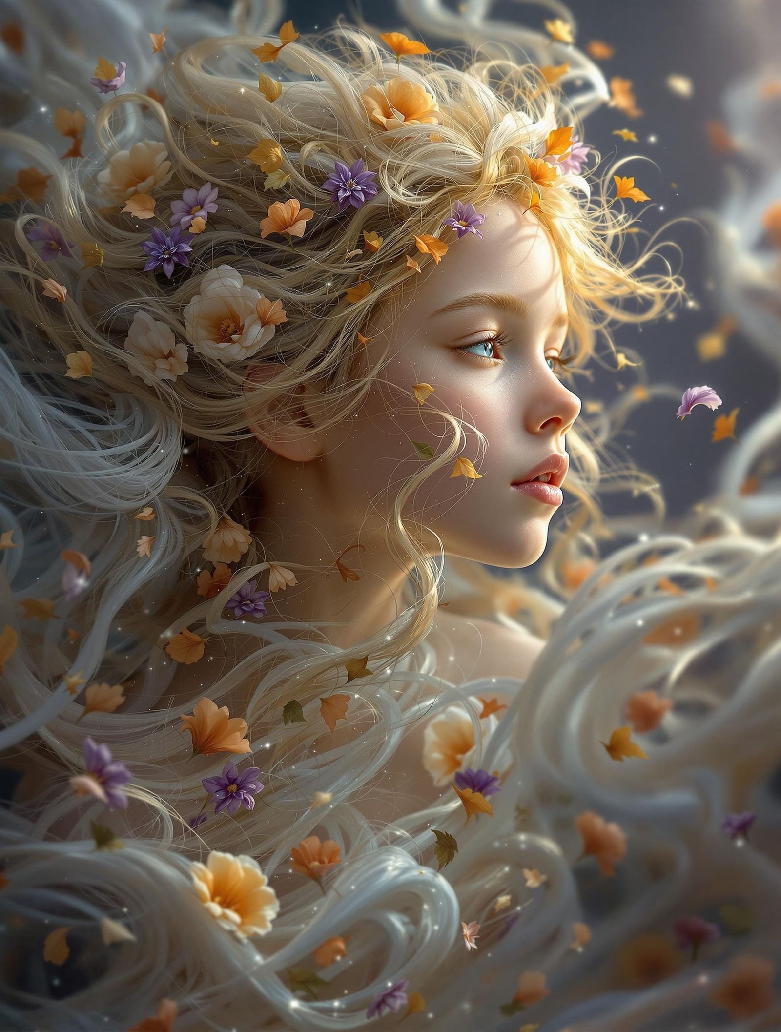 A child made of swirling wind and gentle breezes, their body formed from soft air currents and flowing gusts. Their hair...