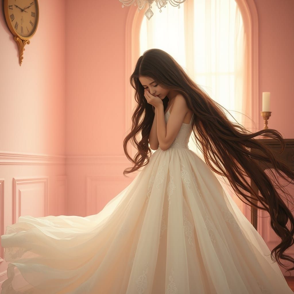 Crying Girl in White Gown, Art Nouveau Style