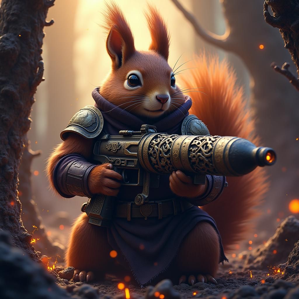 Armored Squirrel with RPG in Dark Fantasy Realm
