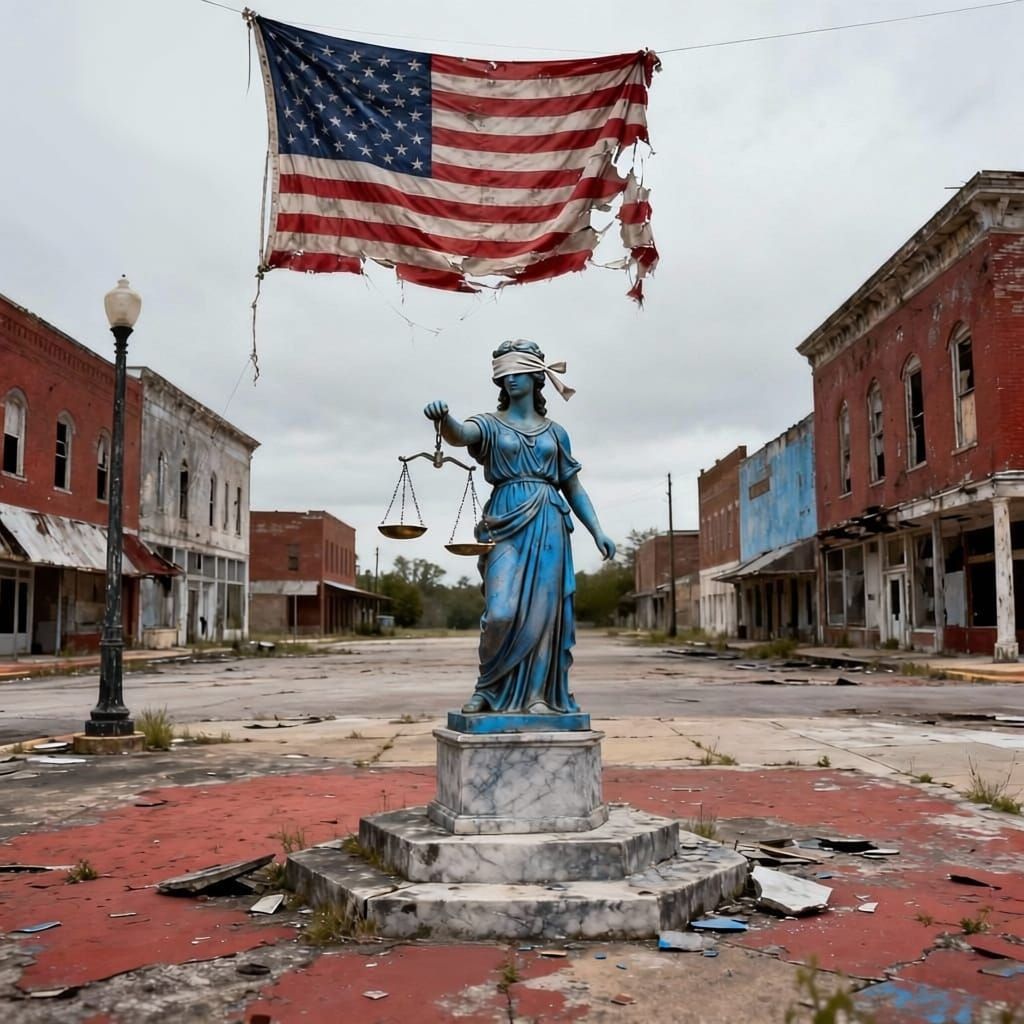 Abandoned Town Square with Tattered Flag and Damaged Justice...