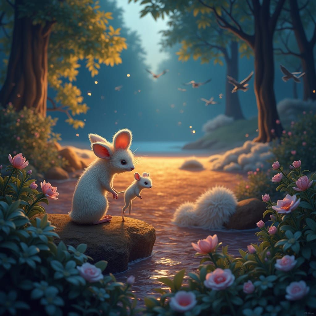 Whimsical Mouse Contemplates Serene Sunset on Vast Coastline