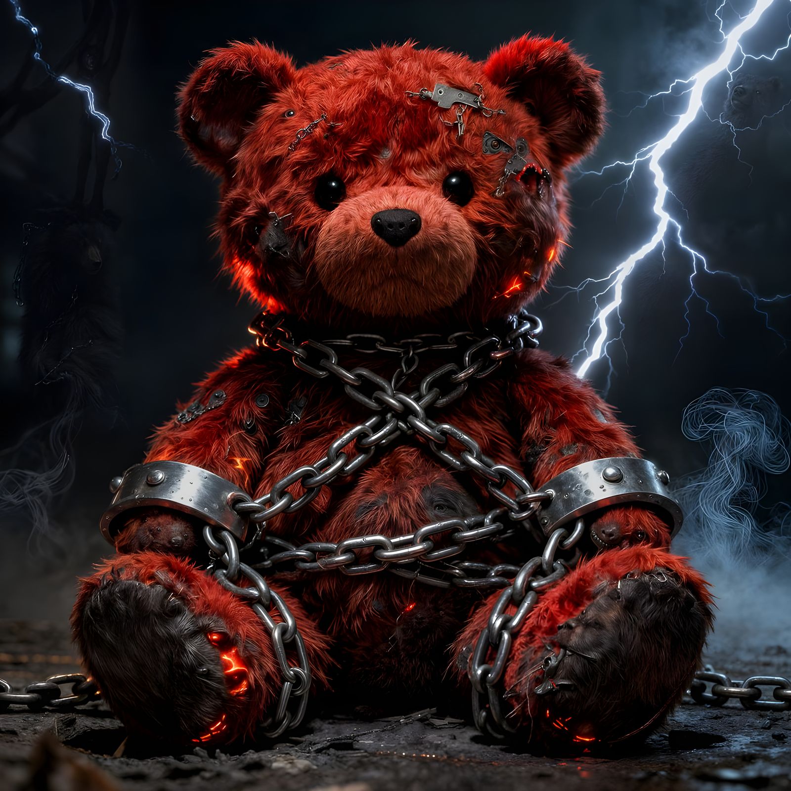Surreal Red Teddy Bear Chained in Lightning Storm