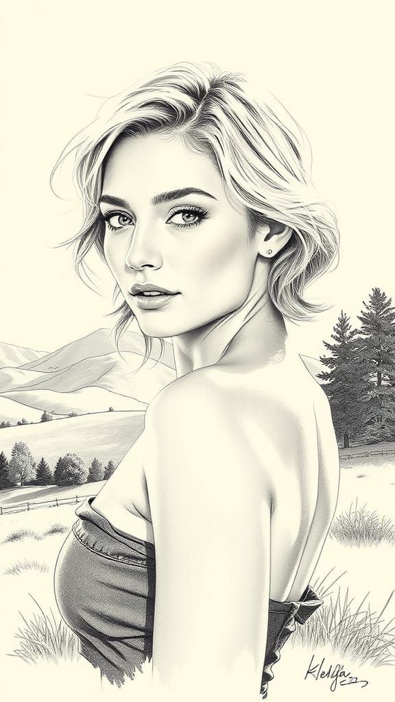 Elegant Blonde Woman in Serene Landscape