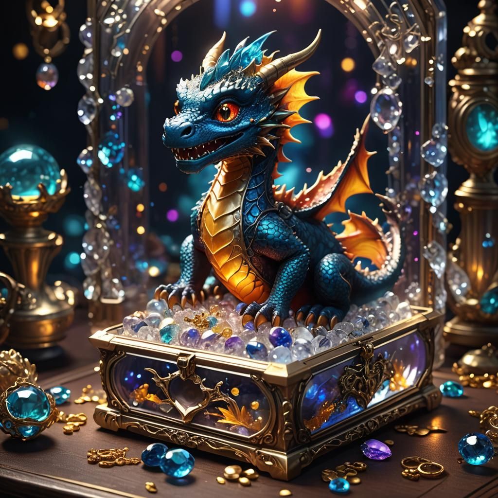 Baby Dragon with Glowing Jewelry, Fantasy Concept Art