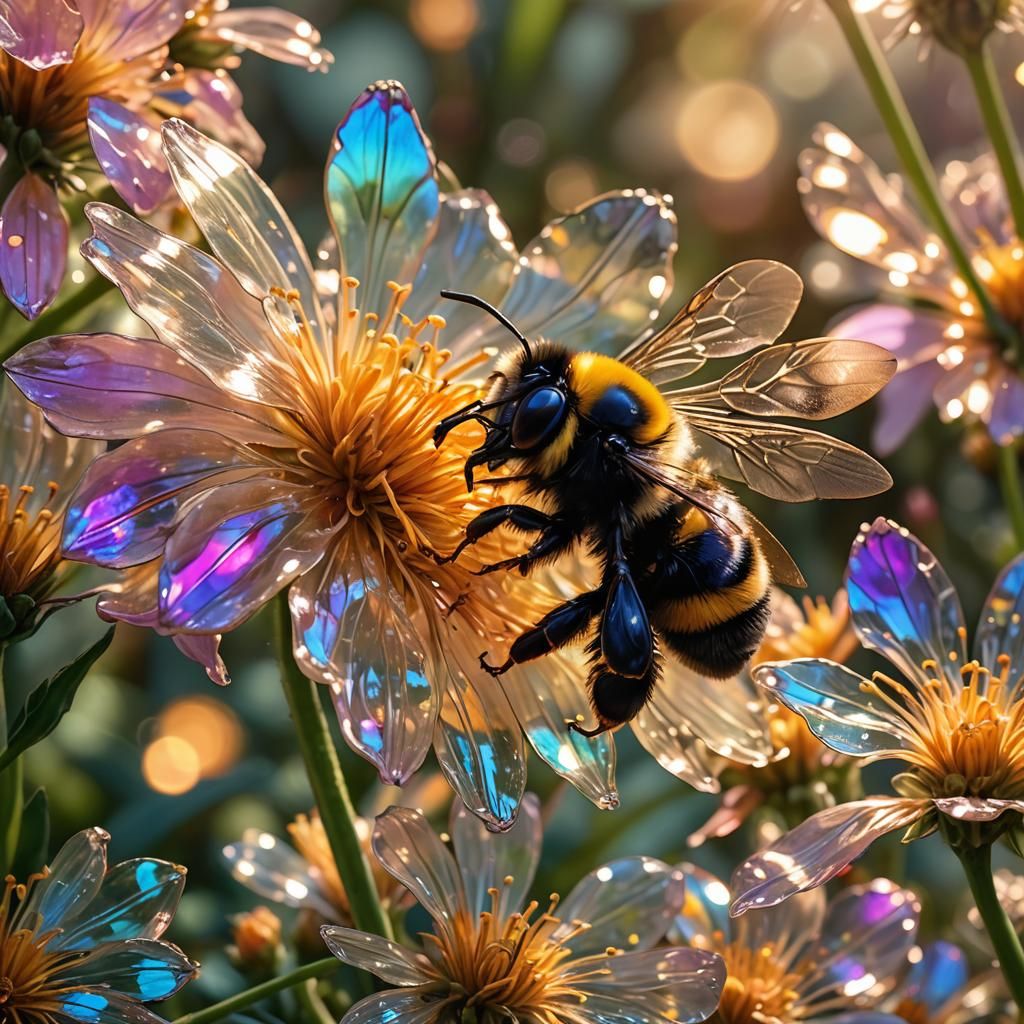 Glass Bumble Bee Collecting Pollen: Macro Shot