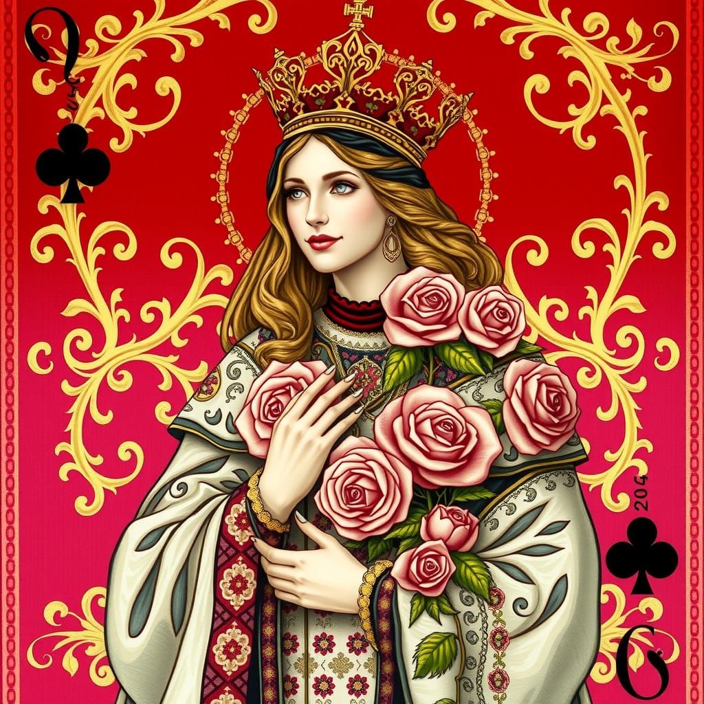 Baroque Queen of Roses Playing Card in Klimt Style