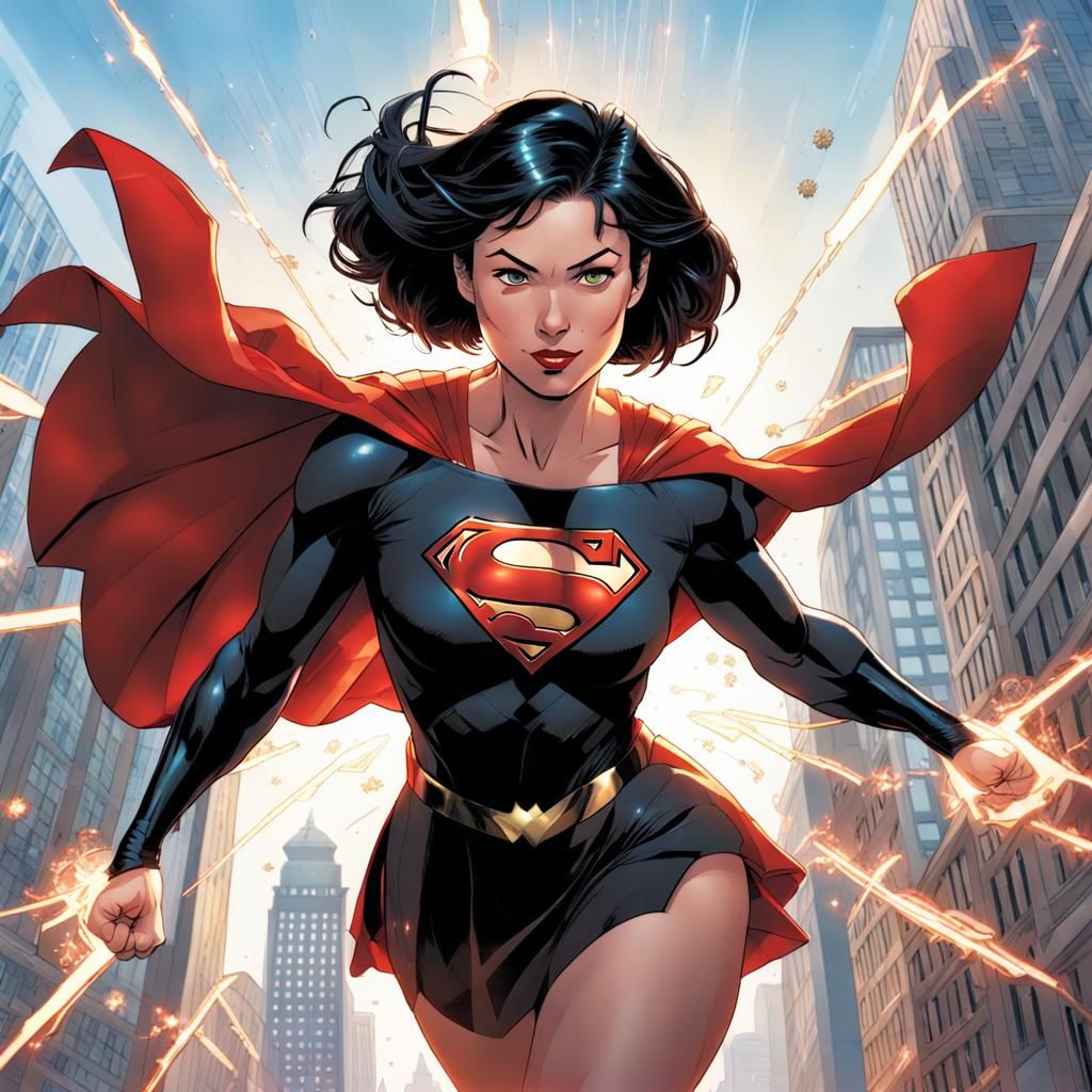 Supergirl in Black Suit Flying Over City, Comic Book Art