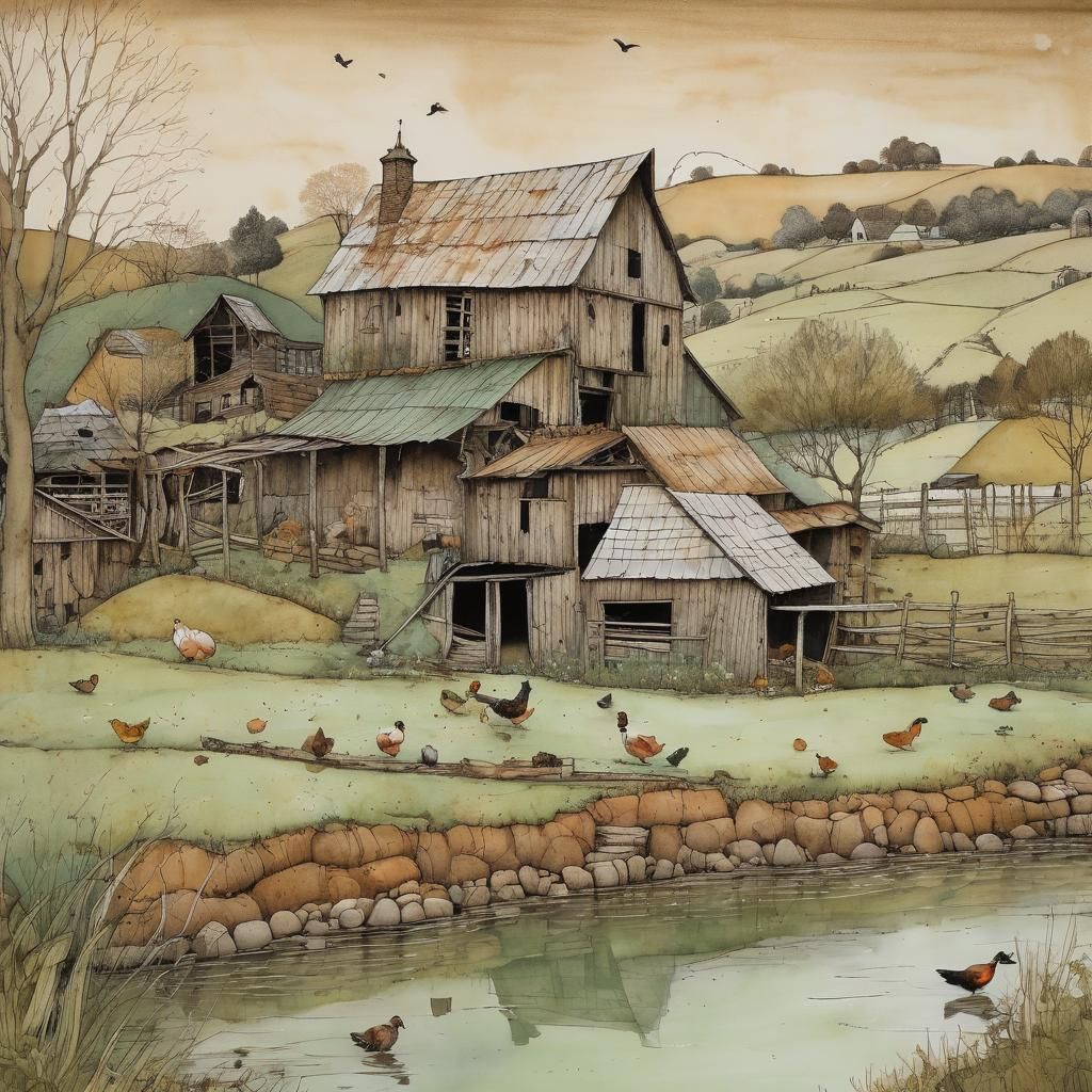 Quaint Country Farm in Impressionist Wash