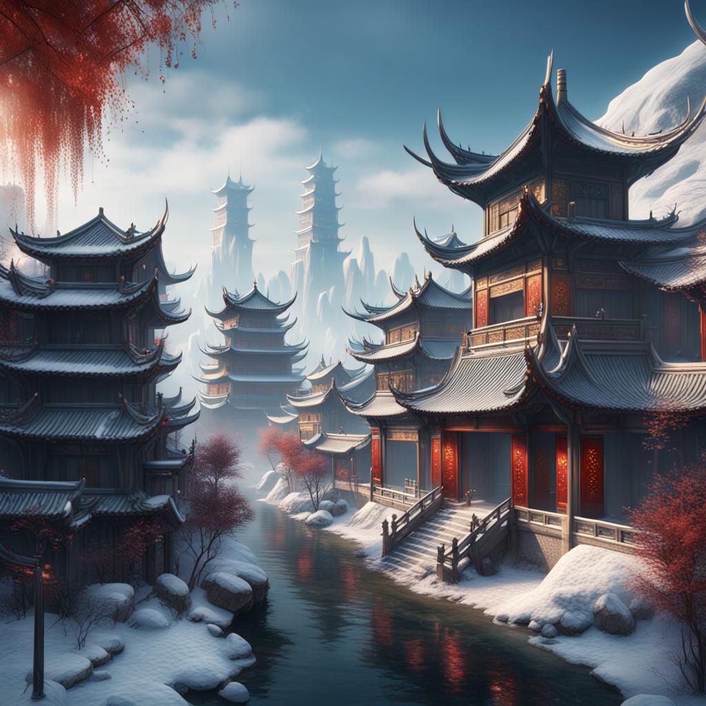 Winter in a Chinese City: Detailed Matte Painting