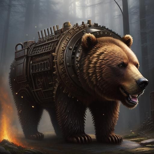 Steampunk Bear in Ethereal Fantasy Landscape