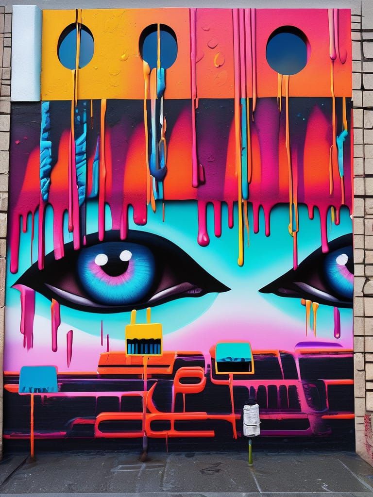 Vibrant City Wall Mural: Stylized Insignia in Bold Street Ar...